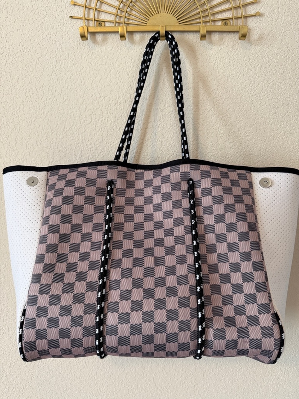 Taupe and Black Checker Tote with White Sides and Attached Small Accessory Bag